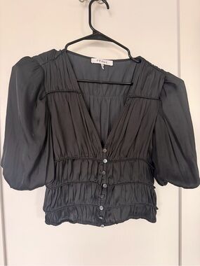 Frame Denim Black Puff-Sleeve Button-Front Blouse